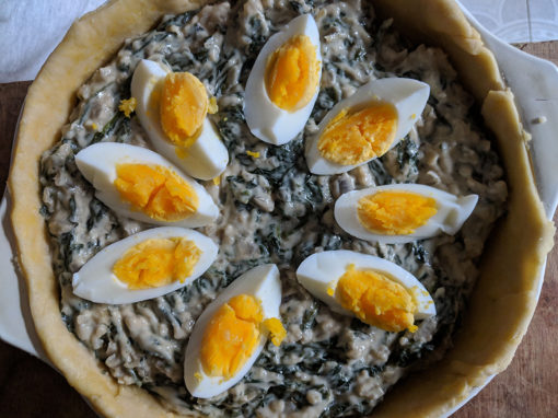 Pastel de Acelga with eggs - swiss chard bechamel filling with hard boiled eggs before top crust