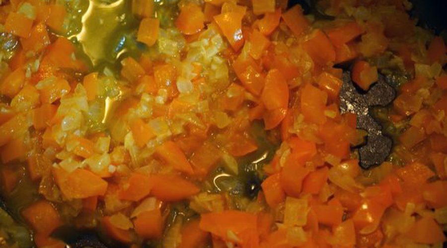 The sofrito/aderezo cooking shot - the chopped vegetables in the pan