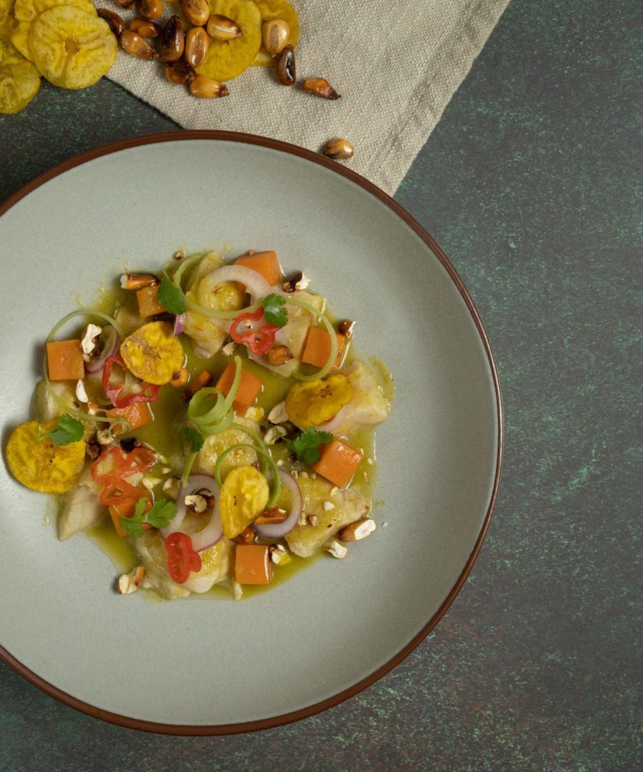 Peruvian ceviche with citrus aji marinade canchita and sweet potato in white bowl - ceviche peruano con marinada citrica canchita y camote en tazón blanco