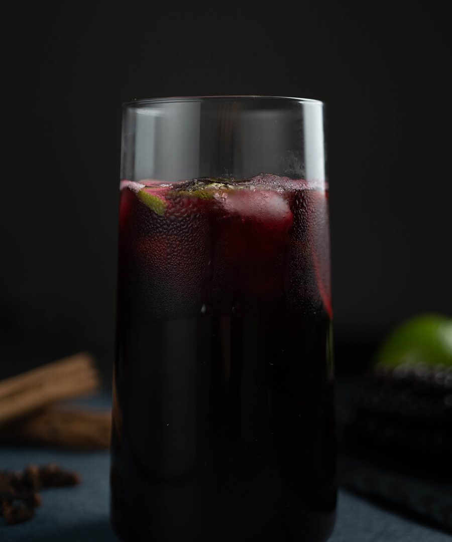 Peruvian chicha morada purple corn drink served over ice