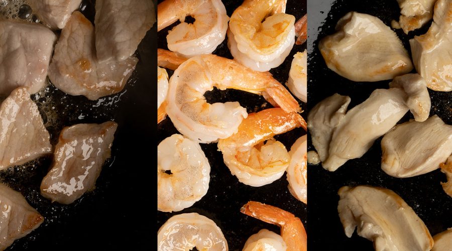 meats on a pan for Kam Lu Wantan