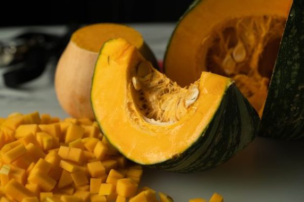 Locro de Zapallo ingredients - kabocha squash cut open for Peruvian pumpkin stew