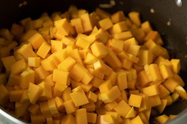 Locro de Zapallo cubed squash - diced kabocha and butternut for Peruvian pumpkin stew recipe