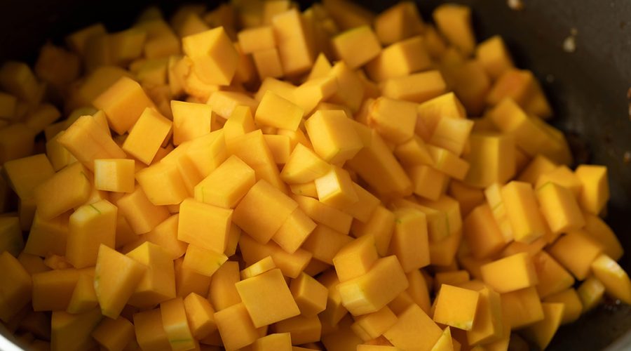 Locro de Zapallo cubed squash - diced kabocha and butternut for Peruvian pumpkin stew recipe