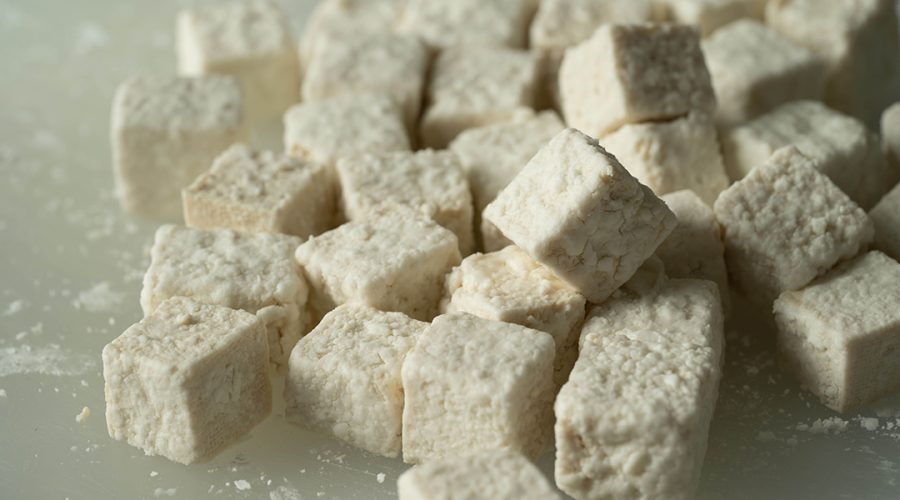 floured tofu, for the Lomo Saltado vegano.