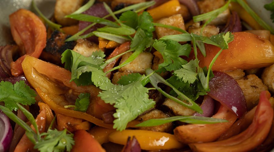 a pic of a Veggie Lomo Saltado on a pan