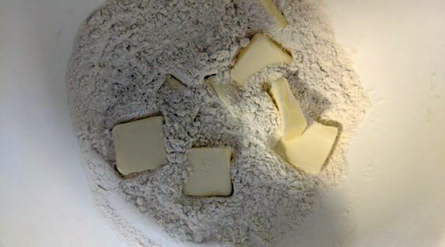 Pastel de Acelga pie dough ingredients - flour and butter cubes for Peruvian swiss chard pie crust